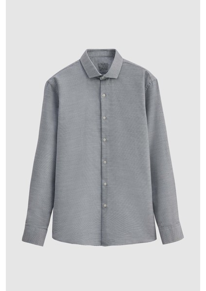 Slim Fit Siyah Armürlü Gömlek