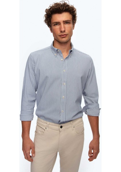 Ds Damat Regular Fit Lacivert Çizgi Desenli Gömlek