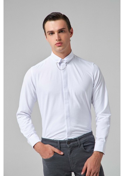 Slim Fit Beyaz Armürlü Gömlek