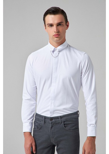 Slim Fit Beyaz Armürlü Gömlek