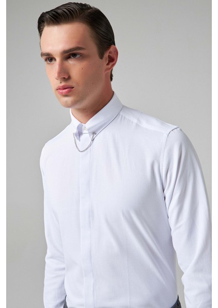 Slim Fit Beyaz Armürlü Gömlek