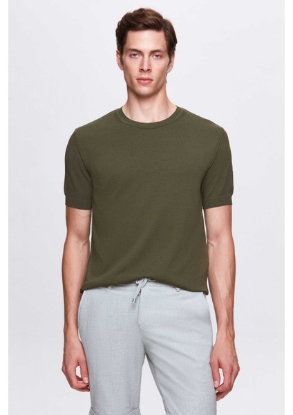 Slim Fit Haki Düz Örgü Rayon Triko T-Shirt