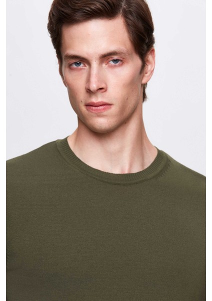 Slim Fit Haki Düz Örgü Rayon Triko T-Shirt