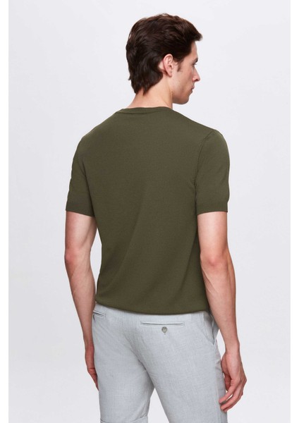 Slim Fit Haki Düz Örgü Rayon Triko T-Shirt