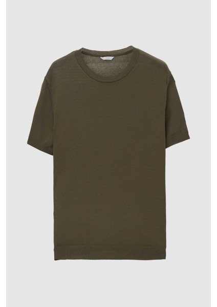Slim Fit Haki Düz Örgü Rayon Triko T-Shirt