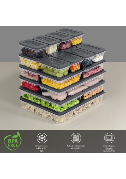 21 Parça Mikrodalga Difrize Uygun Saklama Kabı -1X2400ML 2X1170ML 2X1200ML 4X600ML 12X240ML Antrasit