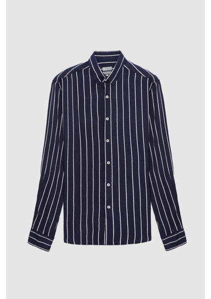 Slim Fit Lacivert Çizgi Baskılı Gömlek