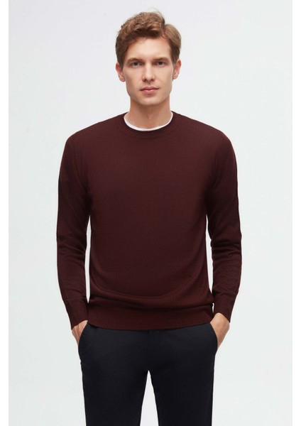 Ds Damat Regular Fit Bordo Düz Örgü Yünlü Triko Kazak