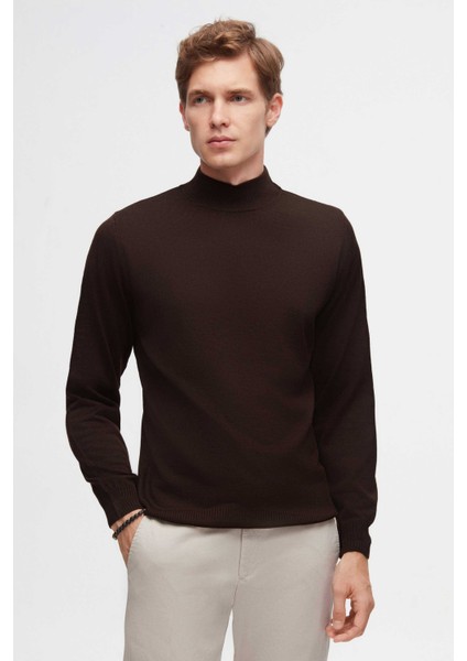 Ds Damat Regular Fit Kahverengi Düz Örgü Yarım Balıkçı Yünlü Triko Kazak