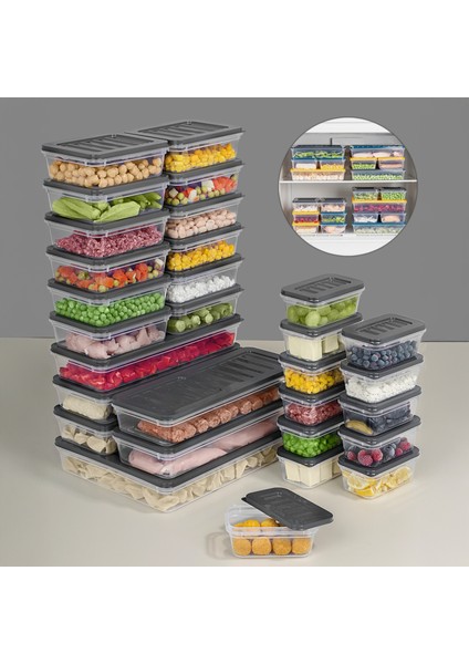 30 Parça Mikrodalga ve Difrize Uygun Saklama Kabı - 1X2400ML 5X1170ML 12X600ML 12X240ML Antrasit