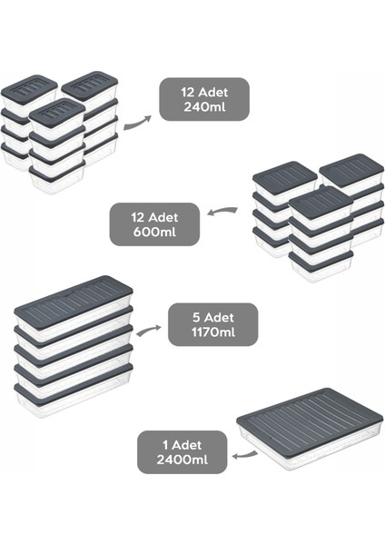 30 Parça Mikrodalga ve Difrize Uygun Saklama Kabı - 1X2400ML 5X1170ML 12X600ML 12X240ML Antrasit