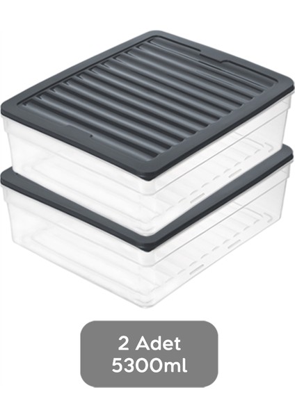 2'li Derin Buzdolabı Organizer Set Düzenleyici Saklama Kabı Mikrodalga Difriz Kabı 5300ML Antrasit