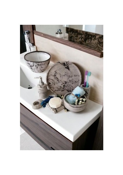 Mermer Desen Antrasit Beton Banyo Seti,tepsi,sıvı,katı Sabunluk,havluluk,mumluk