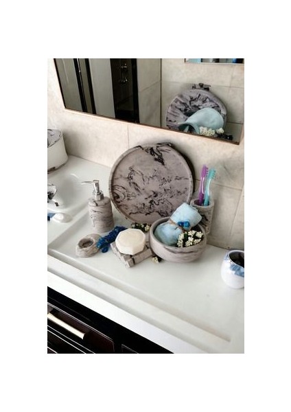 Mermer Desen Antrasit Beton Banyo Seti,tepsi,sıvı,katı Sabunluk,havluluk,mumluk fiyatları