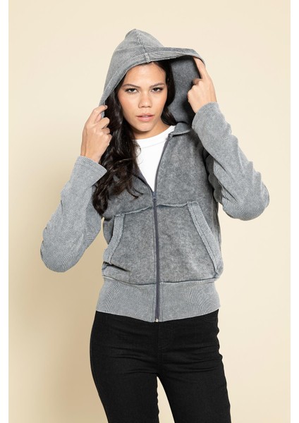 Yıkamalı Fermuarlı Kapişonlu Gri Sweatshirt