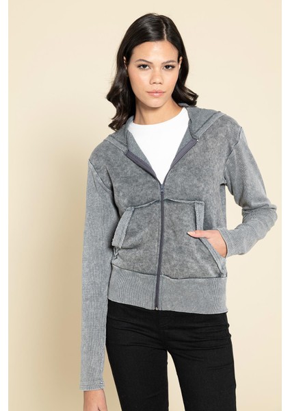 Yıkamalı Fermuarlı Kapişonlu Gri Sweatshirt fiyatları