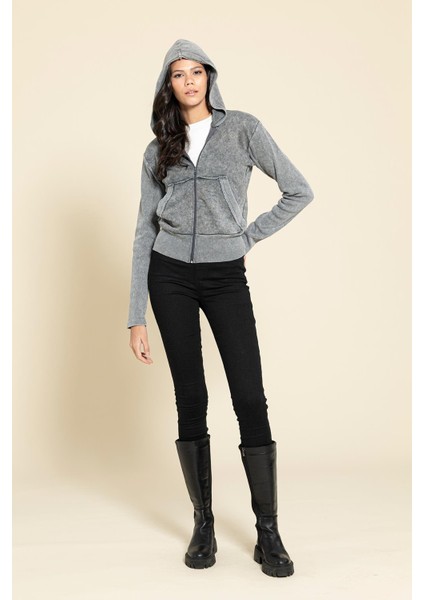 Yıkamalı Fermuarlı Kapişonlu Gri Sweatshirt modelleri