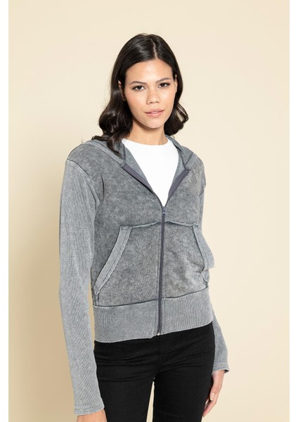 Yıkamalı Fermuarlı Kapişonlu Gri Sweatshirt fırsatları