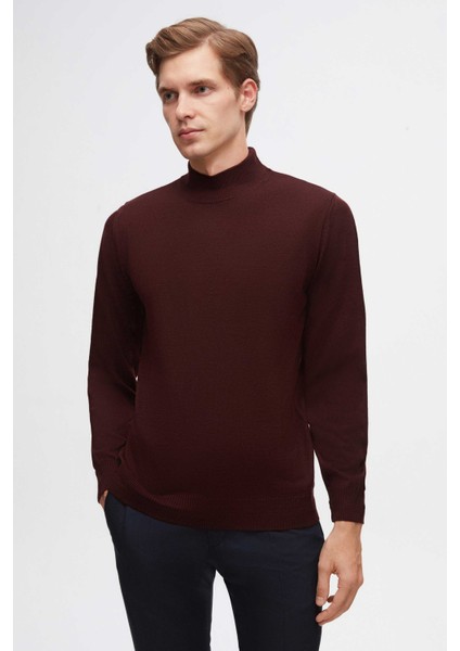 Ds Damat Regular Fit Bordo Düz Örgü Yarım Balıkçı Yünlü Triko Kazak