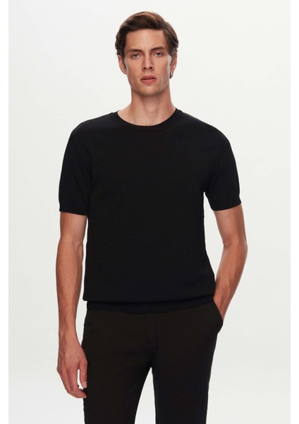 Slim Fit Siyah Düz Örgü Rayon Triko T-Shirt