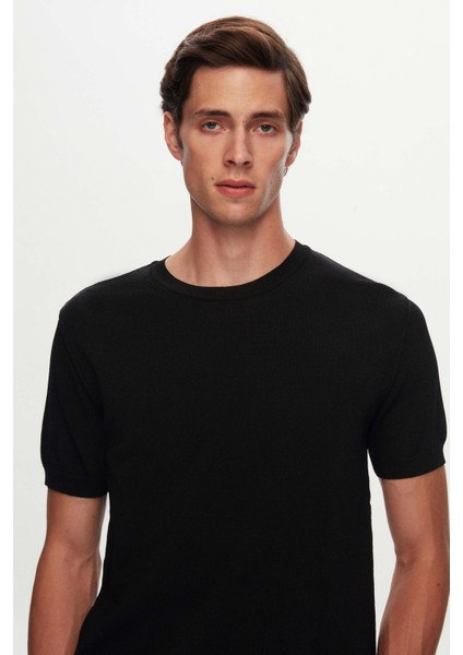 Slim Fit Siyah Düz Örgü Rayon Triko T-Shirt