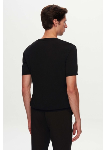 Slim Fit Siyah Düz Örgü Rayon Triko T-Shirt