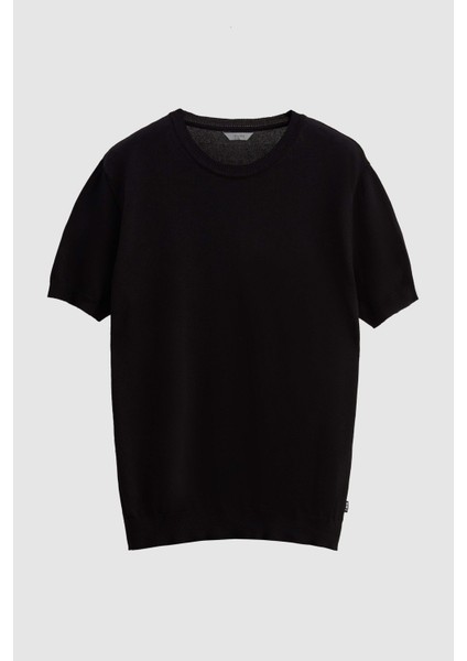 Slim Fit Siyah Düz Örgü Rayon Triko T-Shirt