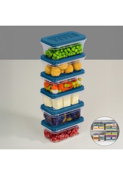 6'lı Buzdolabı Düzenleyici Organizer - Mikrodalga ve Difrize Uygun Saklama Kabı - 6X240ML Mavi