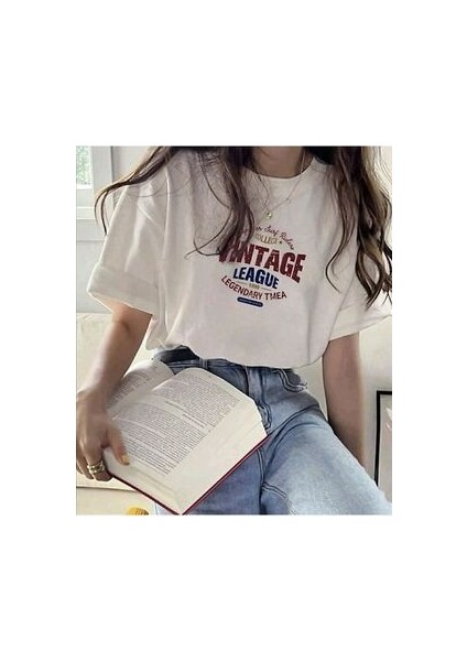 Beyaz Vintage Baskılı T-Shirt