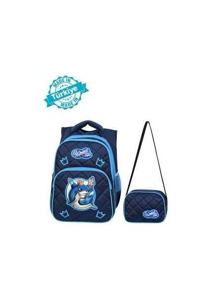 Lisanslı Lacivert Köpekbalığı Desenli Emboos Ilköğretim Okul Sırt Çantası Beslenme Çantası