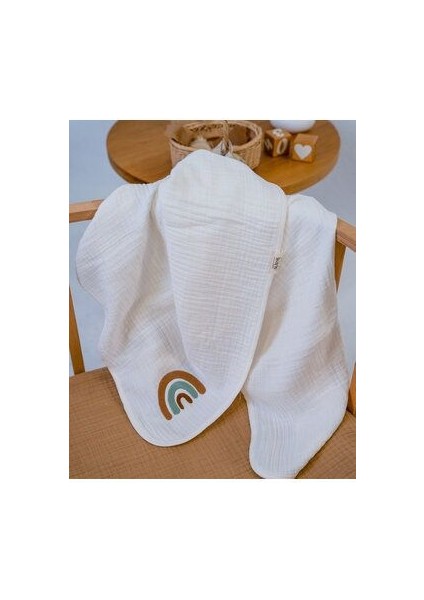 Müslin Battaniye Bebek 100% Pamuk 4 Kat Müslin Gökkusagi Nakis Detayli