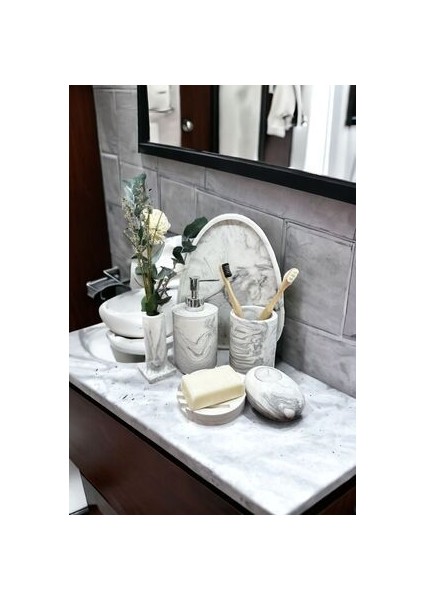 6'lı Mermer Desen Beton Banyo Seti ,sıvı Sabunluk Diş Fırçalığı Aksesuar Takım