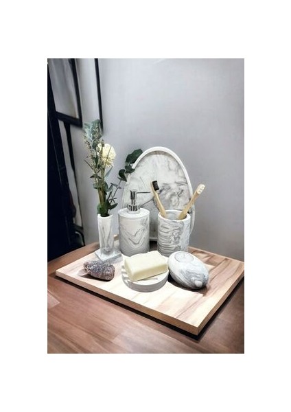 6'lı Mermer Desen Beton Banyo Seti ,sıvı Sabunluk Diş Fırçalığı Aksesuar Takım