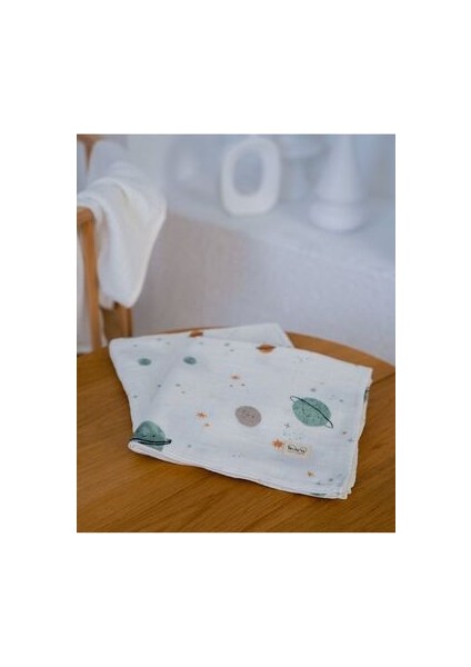 Müslin Örtü 2 Katli Gezegen Desenli 100% Pamuk 100X100 cm