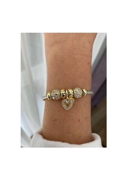 Pndora Modeli Zirkon Taşlı Kalp Charmlı Bileklik