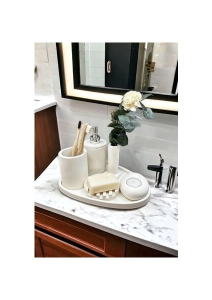 6'lı Mermer Desen Beton Banyo Seti Sıvı Sabunluk Diş Fırçalığı ,tepsili,mumluklu Aksesuar Takım
