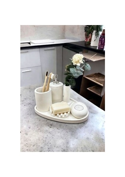 6'lı Mermer Desen Beton Banyo Seti Sıvı Sabunluk Diş Fırçalığı ,tepsili,mumluklu Aksesuar Takım fırsatları