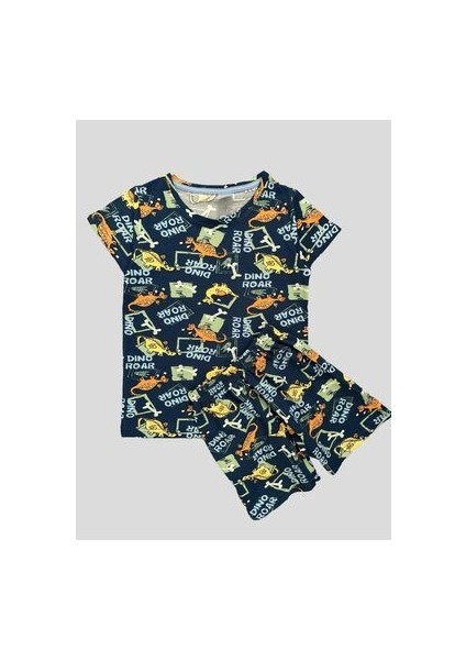 Erkek Çocuk %100 Pamuklu Dinozor Desenli Lacivert Kısa Kollu Şortlu Pijama Takımı