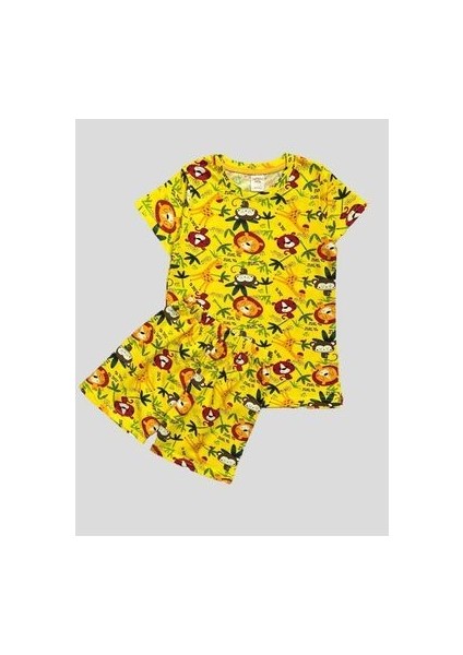 Erkek Çocuk %100 Pamuklu Safari Desenli Sarı Kısa Kollu Şortlu Pijama Takımı