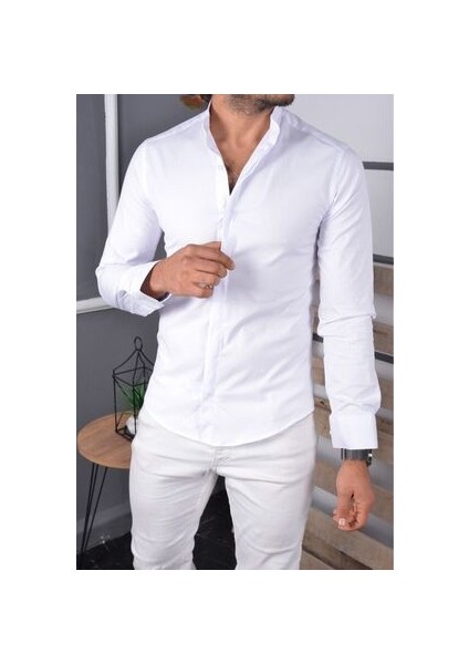 Beyaz HAKİM YAKA GİZLİ DÜĞMELİ PAMUKLU LİKRA SLİM FİT ERKEK GÖMLEK