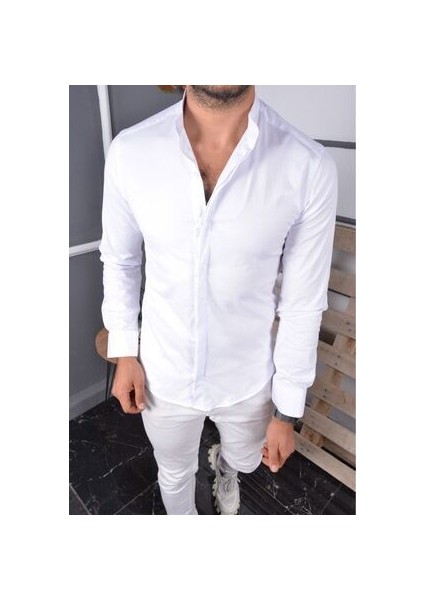 Beyaz HAKİM YAKA GİZLİ DÜĞMELİ PAMUKLU LİKRA SLİM FİT ERKEK GÖMLEK fiyatları