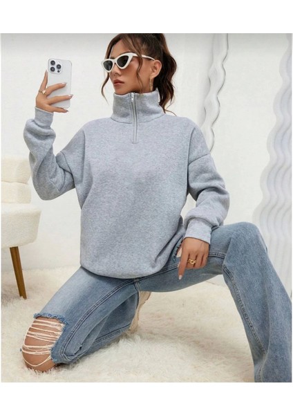 Unisex Uzun Kol Yarım Farmuarlı Yakalı Basic Sweatshirt - Gri