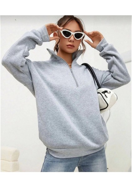 Unisex Uzun Kol Yarım Farmuarlı Yakalı Basic Sweatshirt - Gri