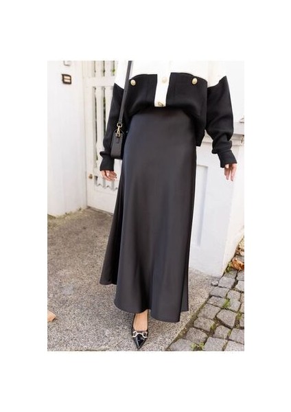 Lüks Kalite Siyah Saten Kumaş Beli Lastikli Etek Kadınlar İçin Şık Tasarım modelleri