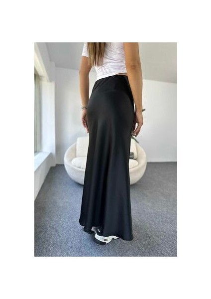 Lüks Kalite Siyah Saten Kumaş Beli Lastikli Etek Kadınlar İçin Şık Tasarım indirimleri