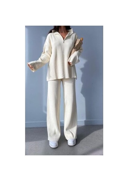 Kadın Fitilli Yaka Fermuarlı Paçası Fermuarlı Yanlardan Yırtmaçlı Triko Takım