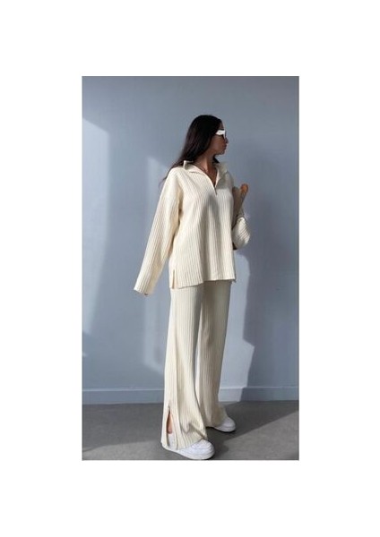 Kadın Fitilli Yaka Fermuarlı Paçası Fermuarlı Yanlardan Yırtmaçlı Triko Takım fiyatları