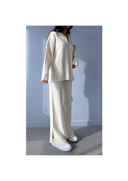 Kadın Fitilli Yaka Fermuarlı Paçası Fermuarlı Yanlardan Yırtmaçlı Triko Takım modelleri