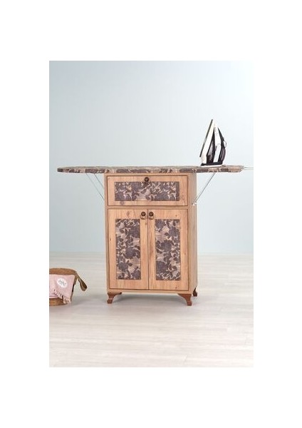 Rose Çam Katlanır Dolaplı Ütü Masası Kahverengi Çiçek Desenli