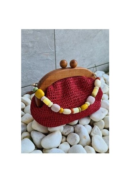 Ahşap Burslu Boncuk Saplı Renkli Clutch